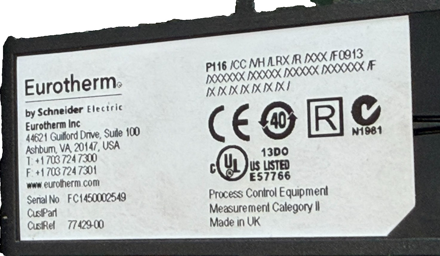 NEW EUROTHERM 77429-00 TEMPERATURE CONTROL P116/CC/VH/LRX/R/XXX/F0913