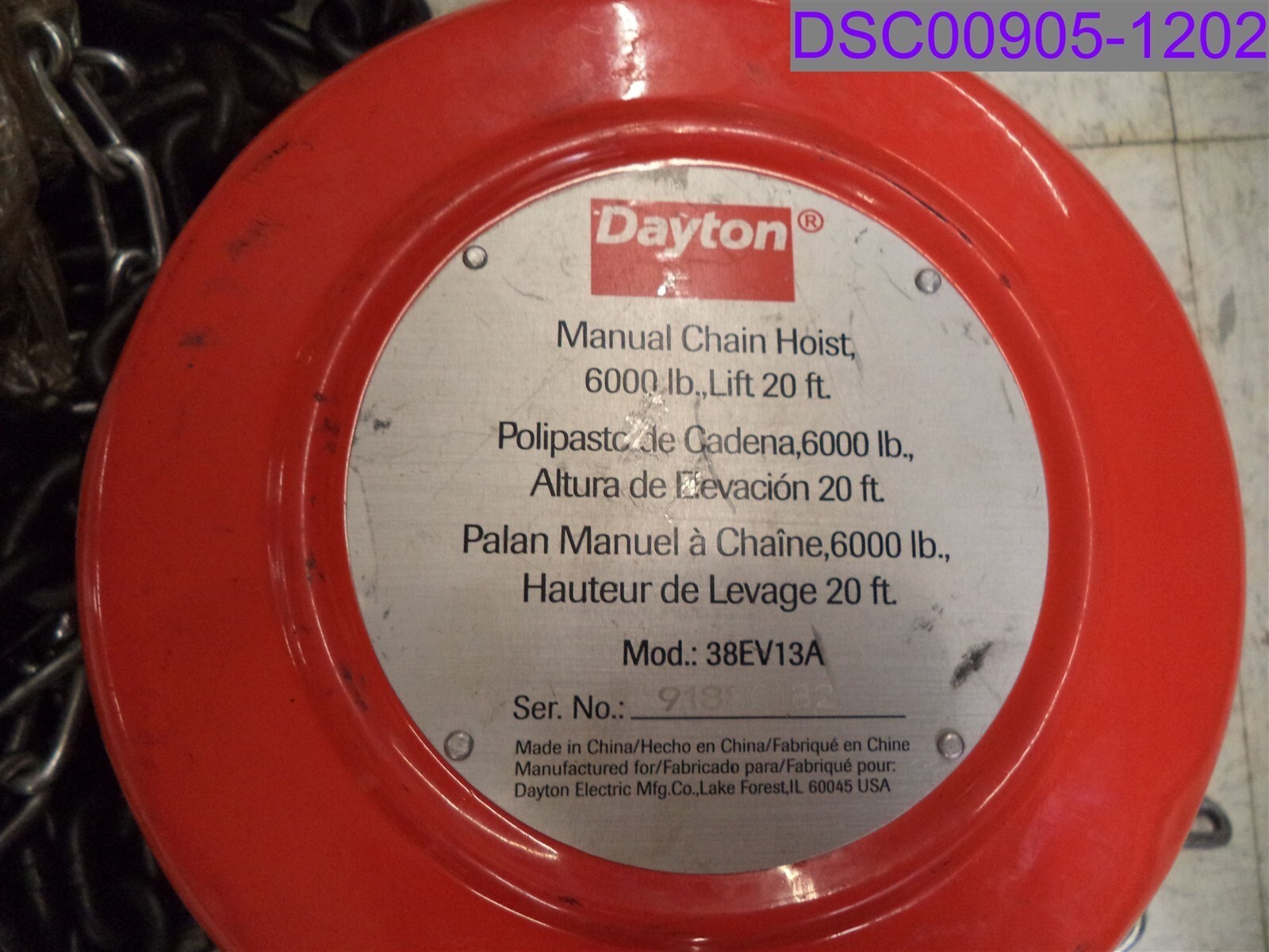 Dayton Manual Cain Hoist 6000 lb Lift 20′ P/N 38EV13A