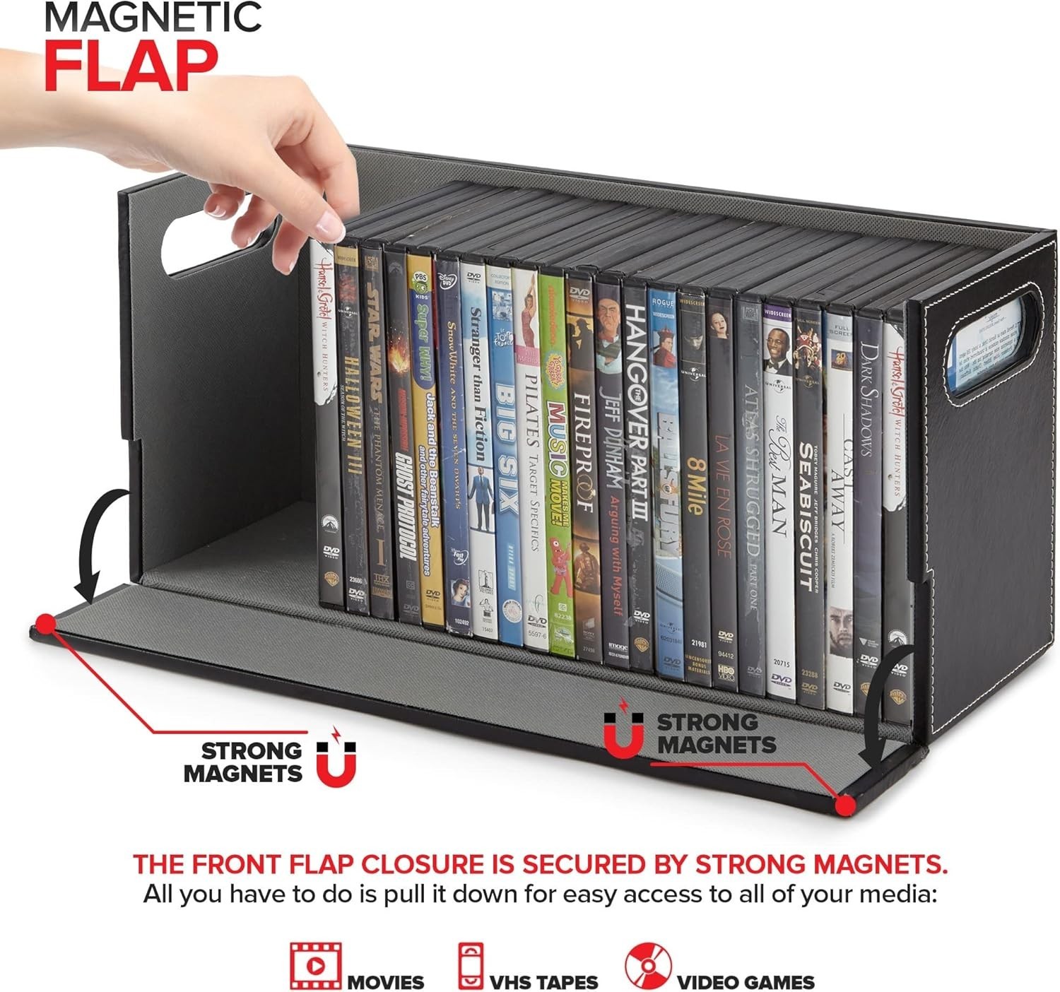 DVD Storage Box, Movie Shelf Organizer for Blu-Ray, Video Game Cases, CDs, VHS