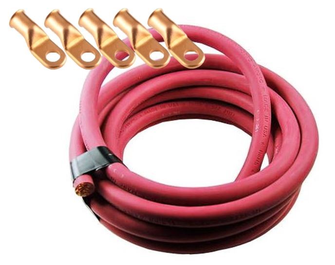 Ultra-Flex Car Battery/Welding Cable – 1 Gauge, Red – 5 Feet – and 5 Lugs