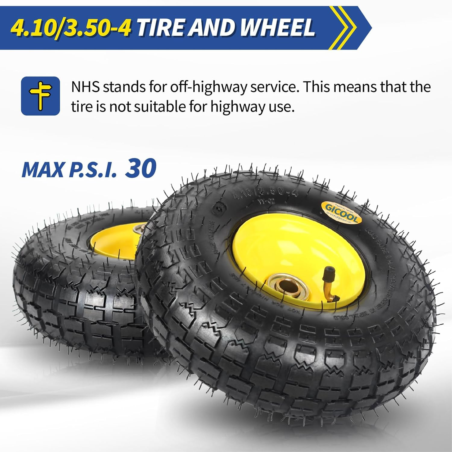 Upgrade 4.10/3.50-4 Rubber Tire and Wheel, with 2.25″ Offset Hub, 5/8″ Sealed Be