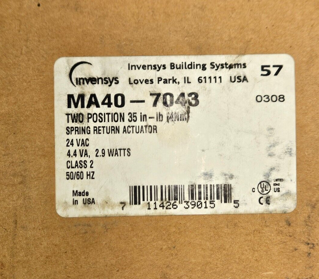 Invensys MA40-7043 Two Position Spring Return Actuator 35 in-lb 24 VAC 2.9 Watts