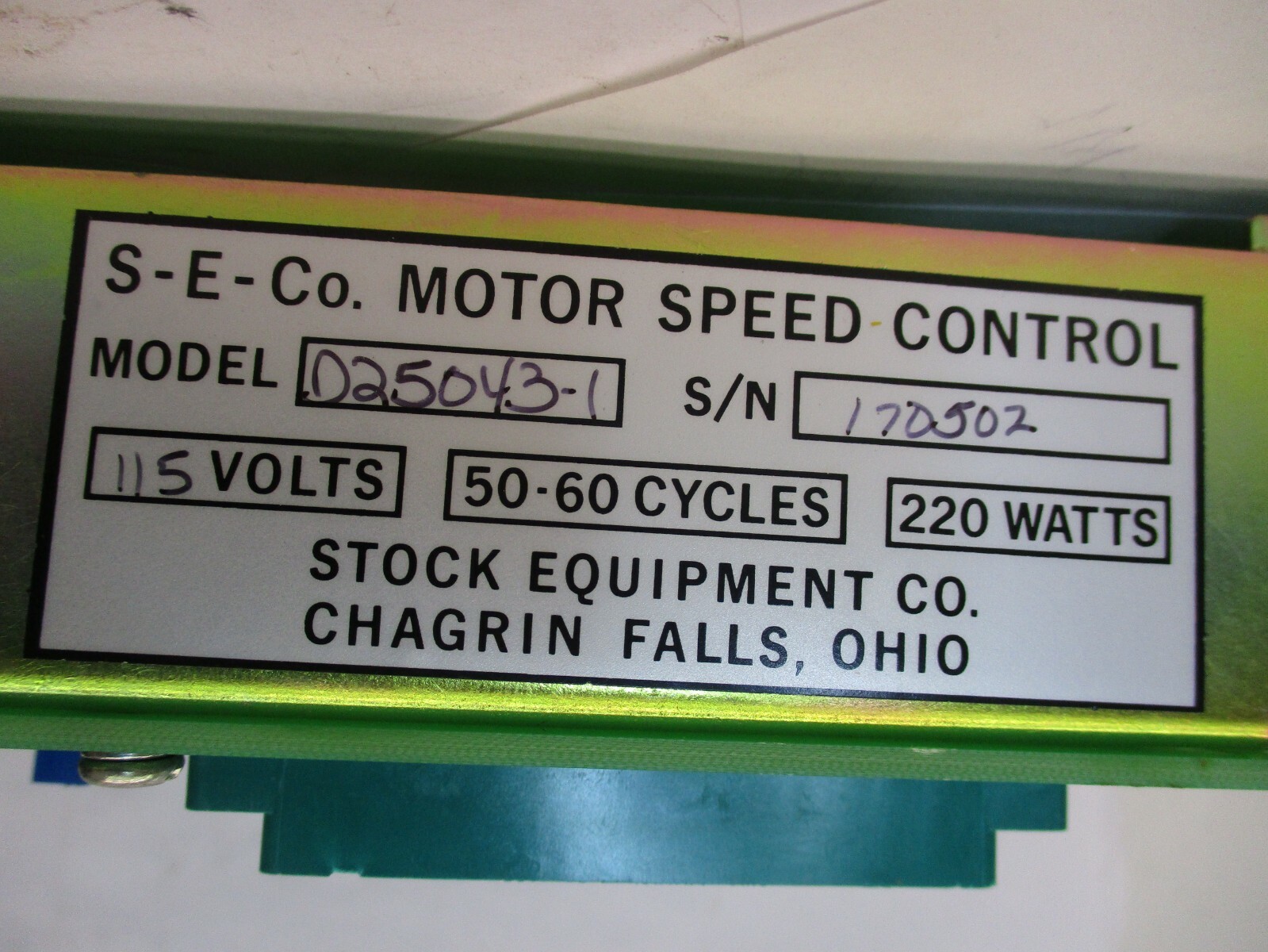 S-E-CO. D25043-1 Motor Speed Control 115V 50-60 Cyc. 220W A3710IPL