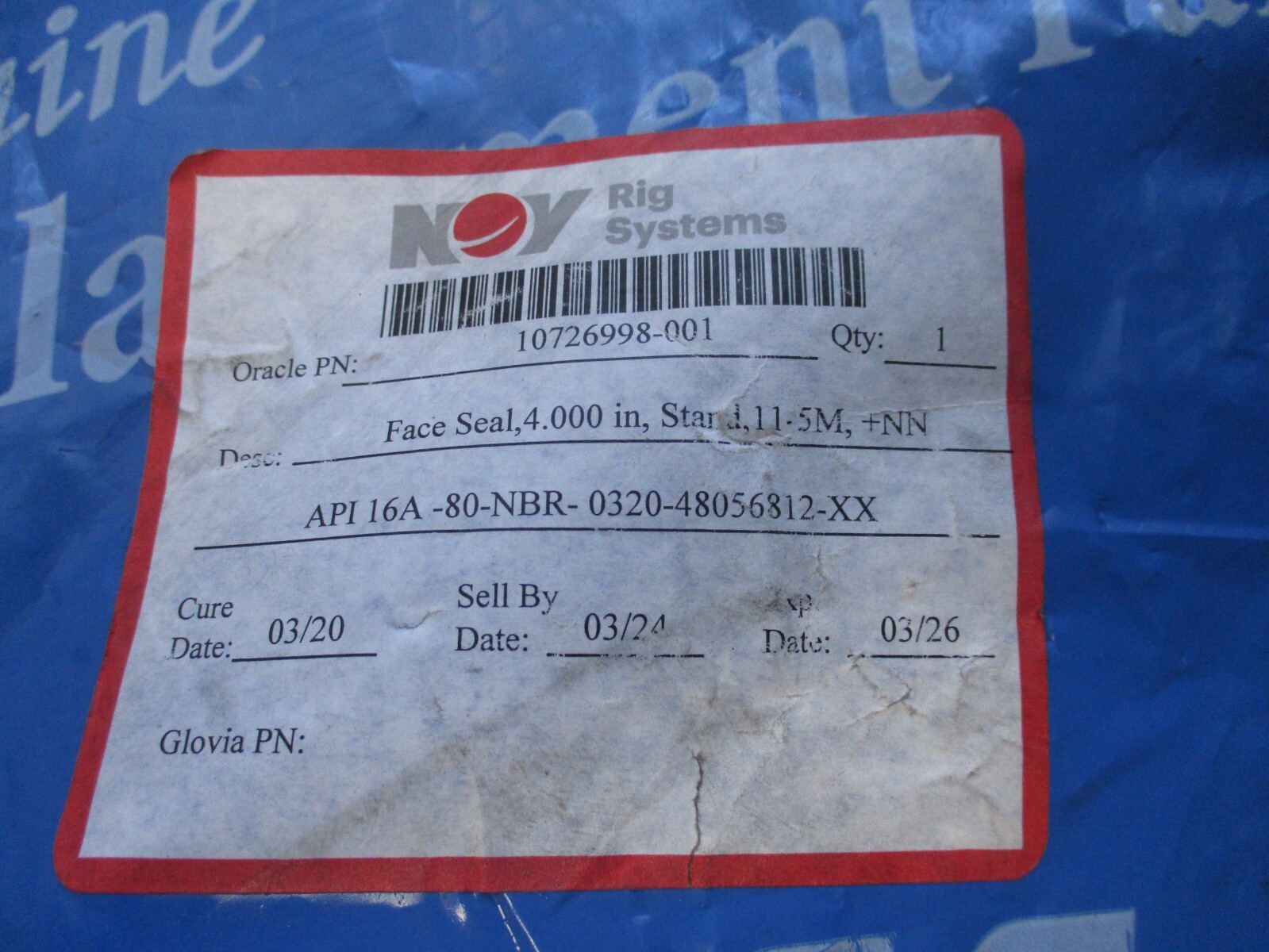 NOV RIG SYS PIPE RAM SEAL, ORACLE P/N 10726998-001, FACE SEAL 4.00 STAND 11-5M