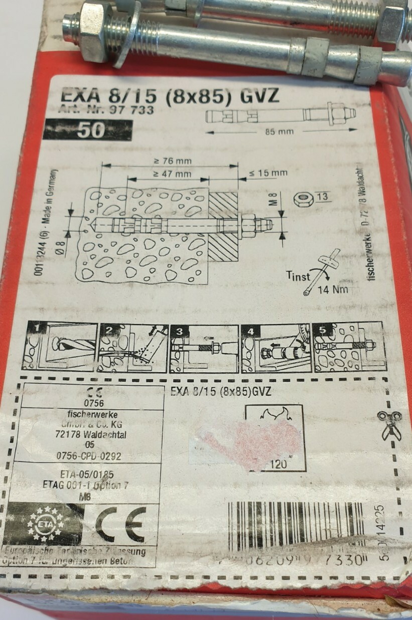 Box of 50 Fischer EXA 8/15 (8×85) GVZ anchor bolt 97733
