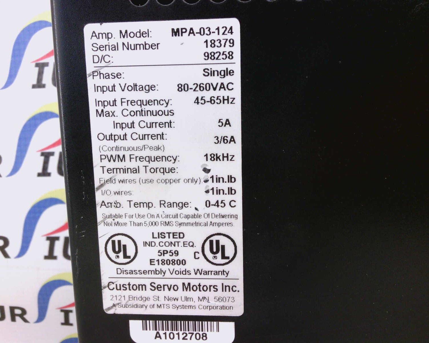USSP Parker MPA-03-124 Servo Motor AC Power 80-260 VAC 45-65 HZ