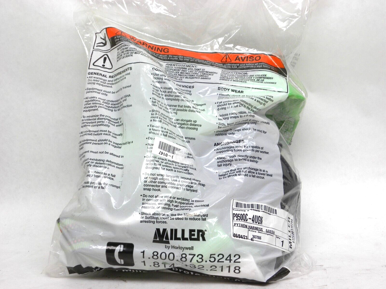 NEW IN PACK – Miller P950QC-4/UGN Honeywell DuraFlex Python Ultra Harnesses HR