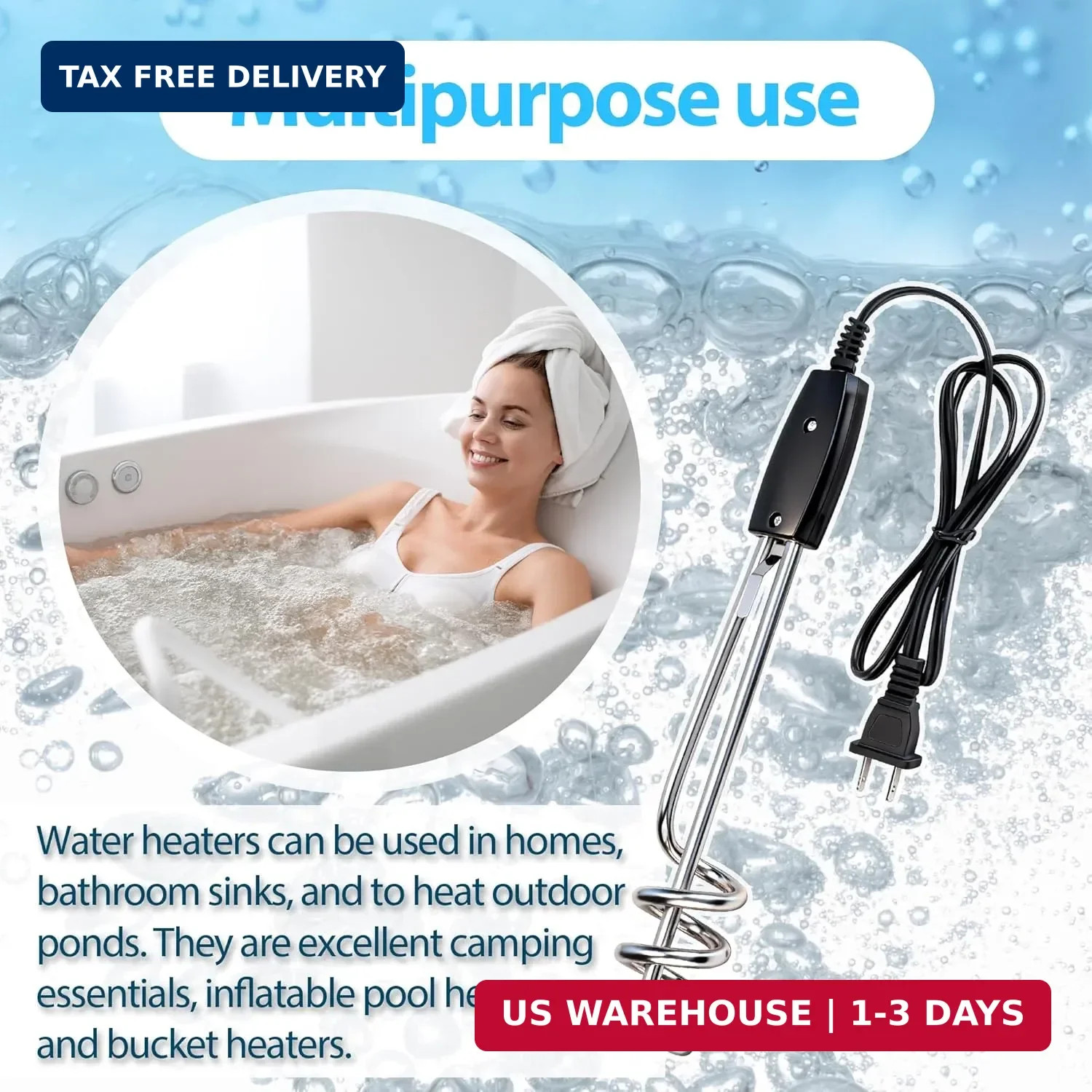 2-pack 1000W 110V Immersion Water Heater | 10in Portable Electric Heater Element