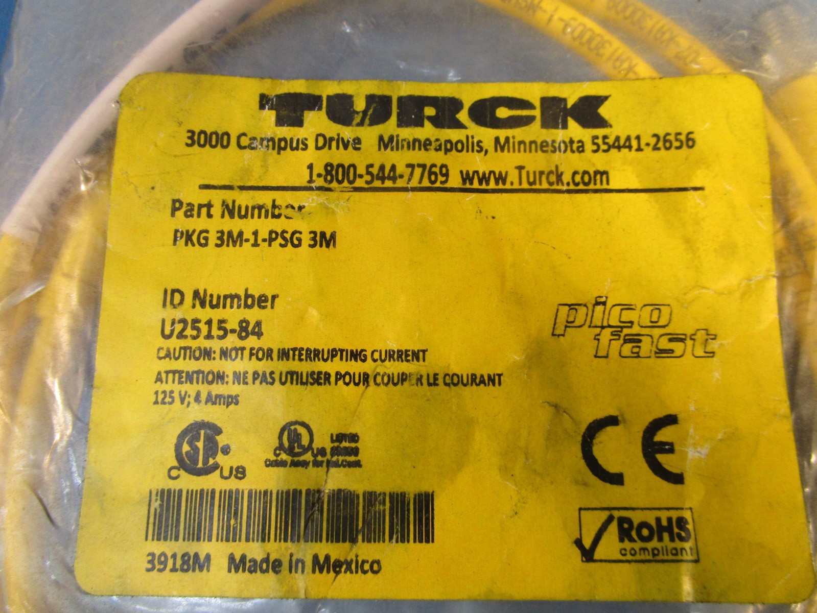 Turck PKG 3M-1-PSG 3M, U2515-84 Actuator and Sensor Cable. Extension Cable, M8