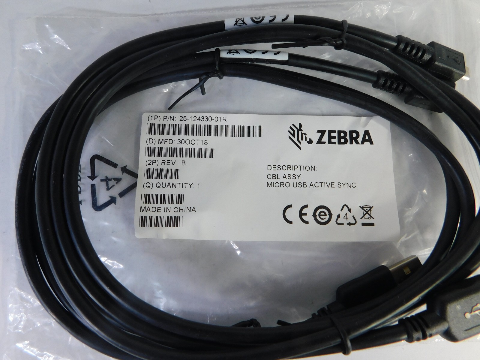 Lot of 2 Each Zebra 25-124330-01R Cable Assembly Micro USB Active Sync