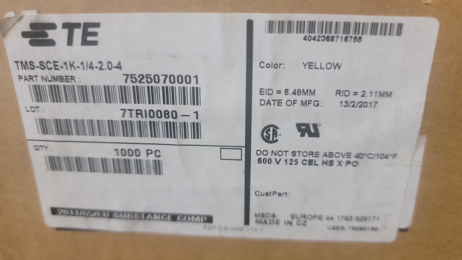 ( 1000ea) TE Connectivity TMS-SCE-1/4-2.0-4 YELLOW SHRINK EID 6.48mm RID 2.11mm