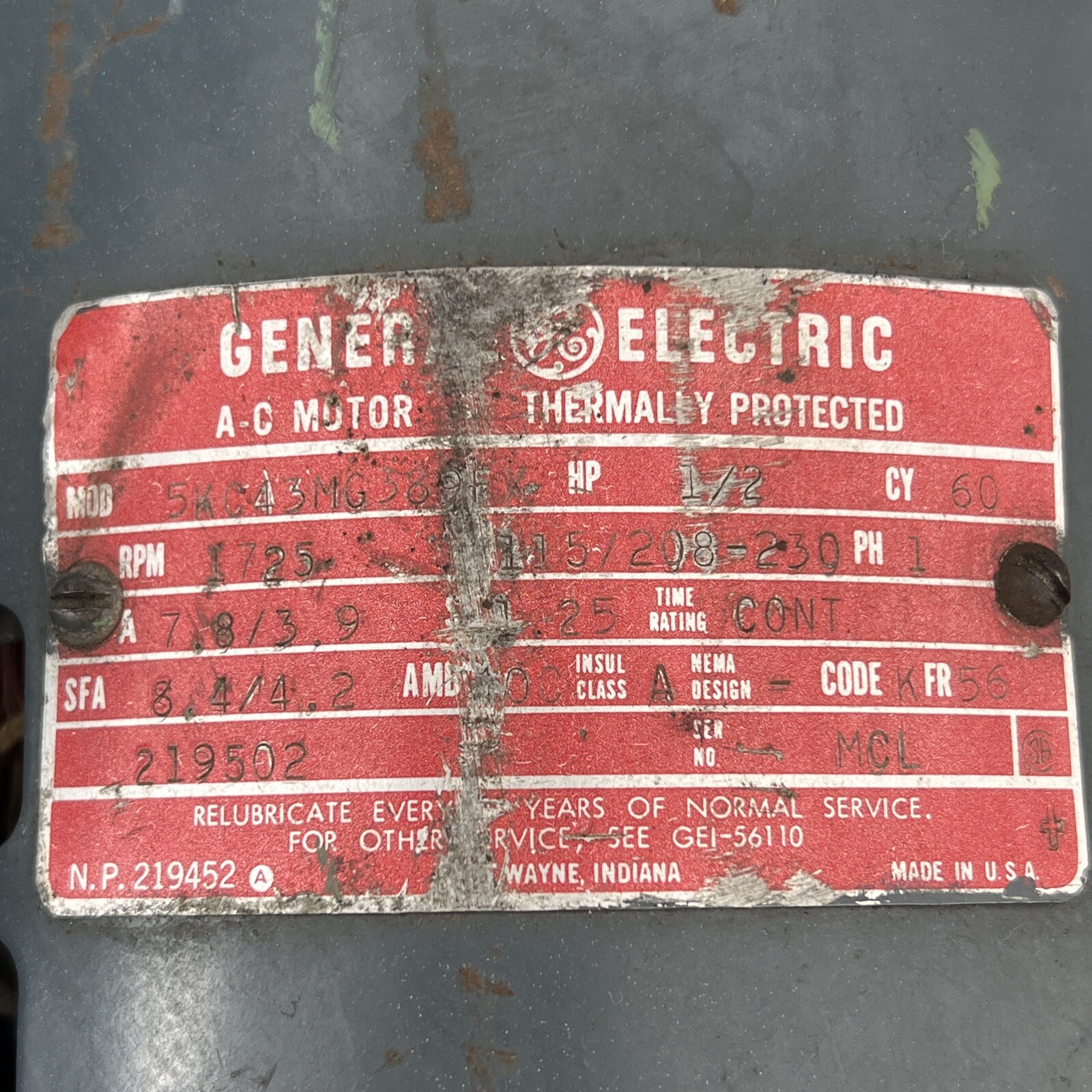 GE 5KC43MG389FX 1/2hp 1725rpm 115/208/230V 1 Pase AC Motor Used
