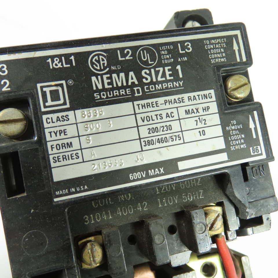 Square D 8536 SCO 3 NEMA Size 1 Magnetic Motor Starter 3Ph 120V Coil