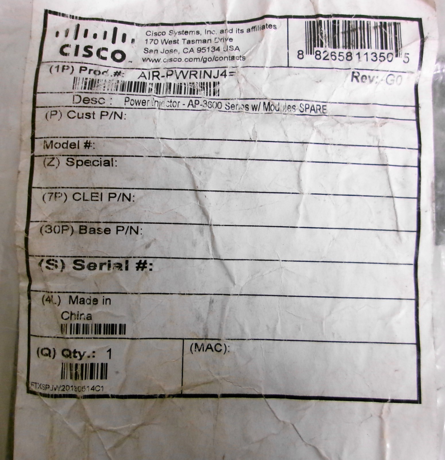 Cisco AIR-PWRINJ4 341-0212-01 Power Injector Input 100-240VAC 0.8A 50/60Hz