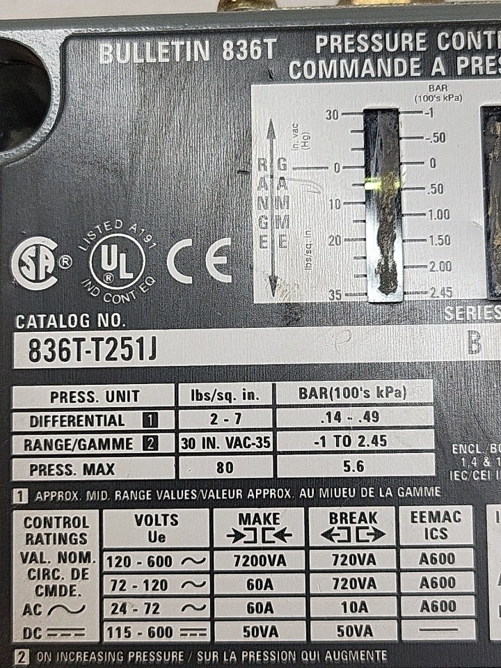 NEW ALLEN BRADLEY 836T-T251J /B PRESSURE CONTROL
