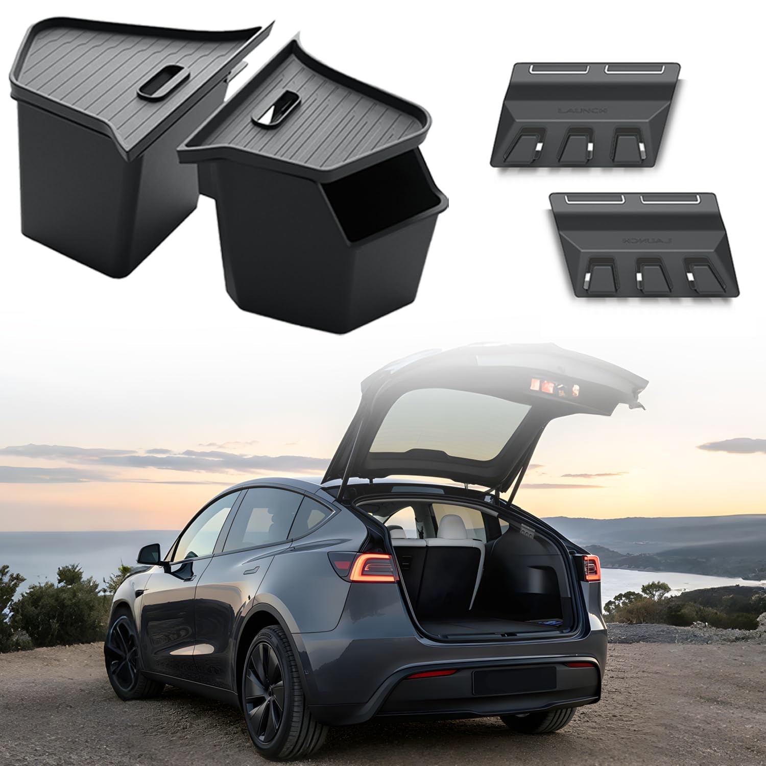 GEEDAR Tesla Model Y Juniper Trunk Organizer Set, 2 Trunk Storage Bins with T…