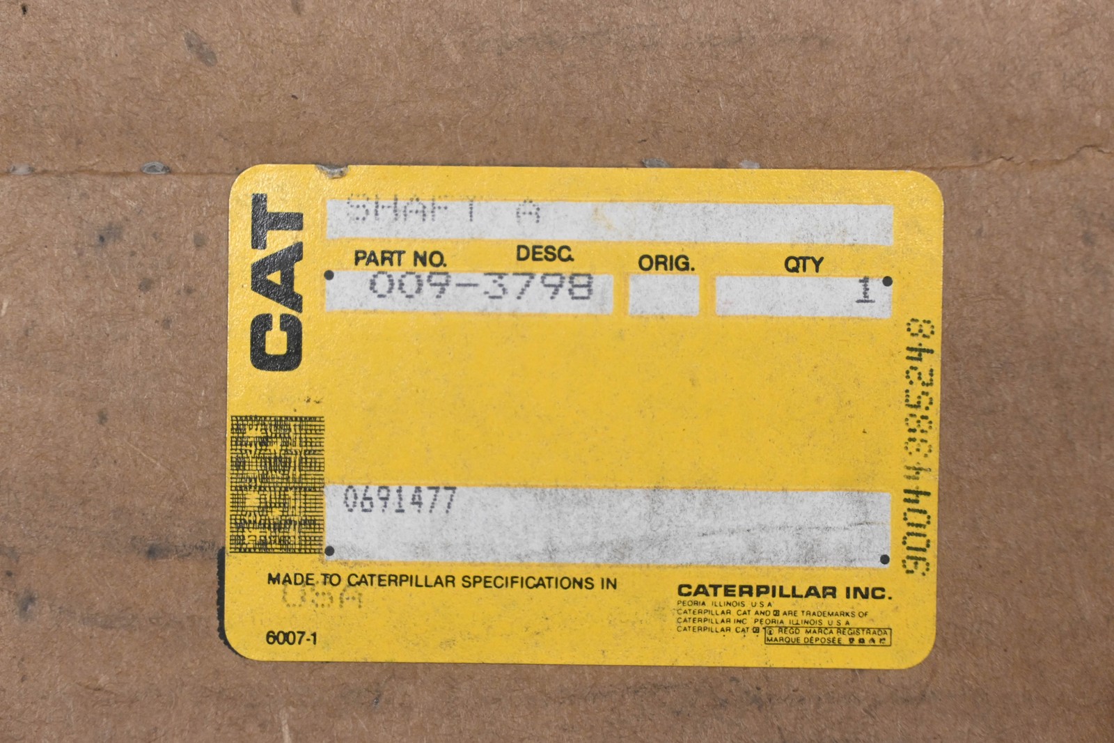 Caterpillar 0093798, 009-3798 Drive Axle Shaft Assembly NOS