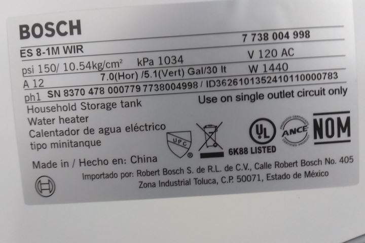 Bosch ES8 7.1 Gal Tank Capacity 120VAC Point-of-Use Water Heater (C)
