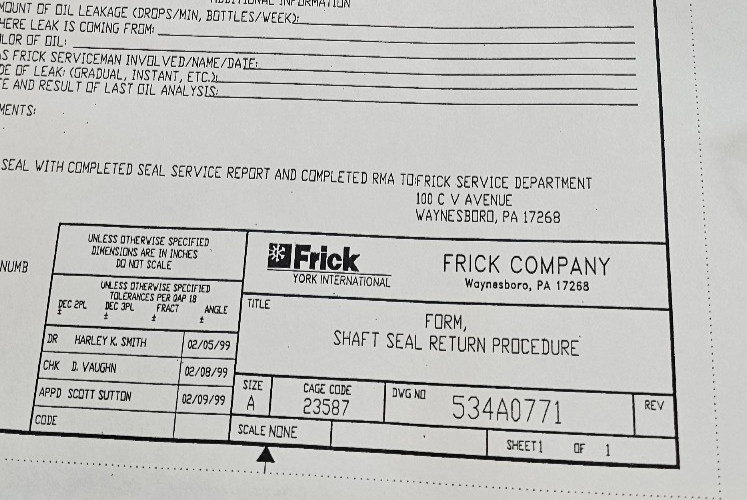 Frick 534M0163G01 RWB II Shaft Seal Replacement Kit 163/60-76 Rotary Screw Units