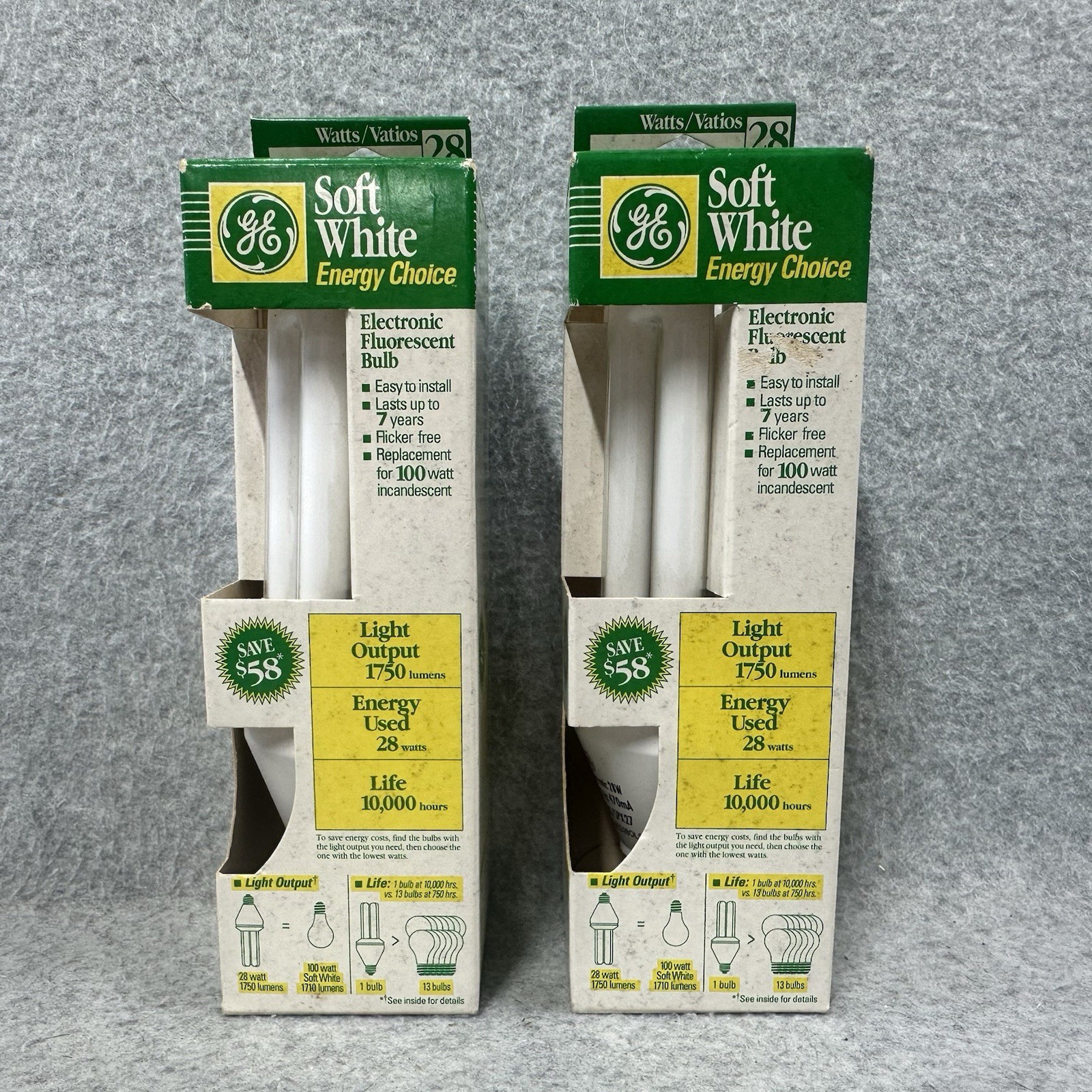 Lot of 2 GE Soft White 28W CFL Light Bulbs 100W Equal 1750 Lumens New Vintage