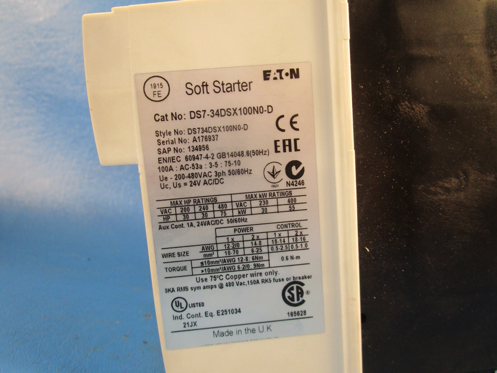 EATON DS7-34DSX100N0-D, Soft Starter, 100A 200/480V 50/60HZ 3PH, Style DS734DSX1