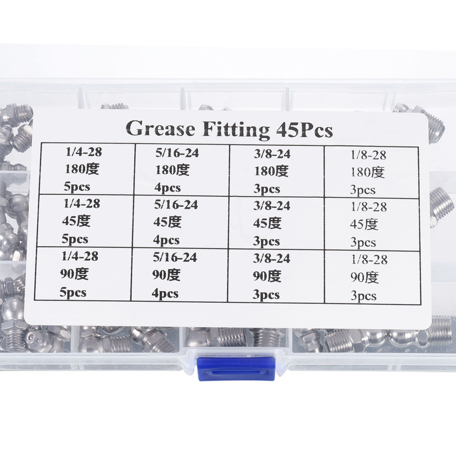 Straight and Angled Grease Fitting 1/4″-28 5/16″-24 3/8″-24 1/8″-28, 45Pcs