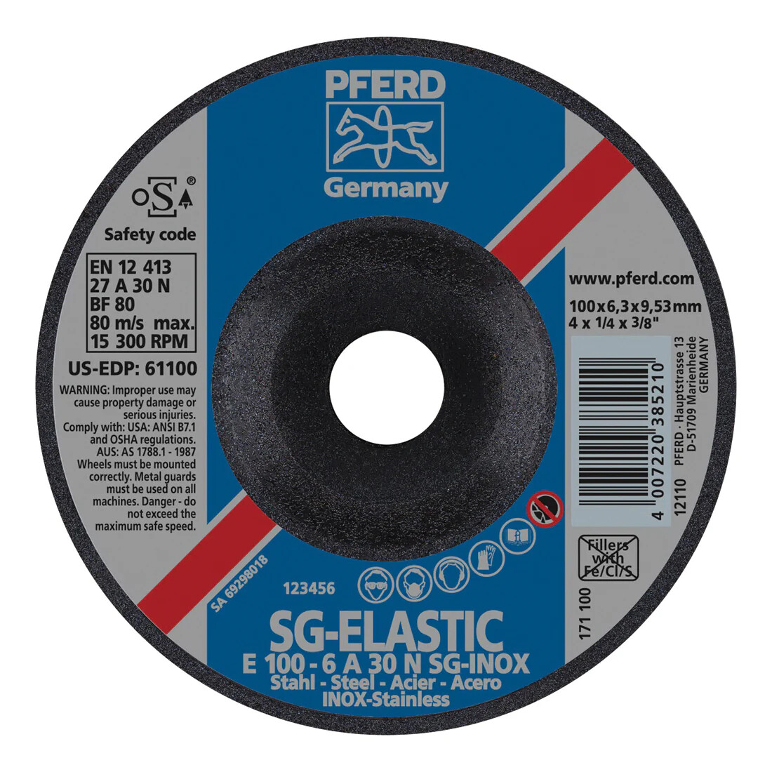 PFERD 4.5″ Depressed Center Wheel, 1/4″ Thick, 30 Grit, 7/8″ Hole