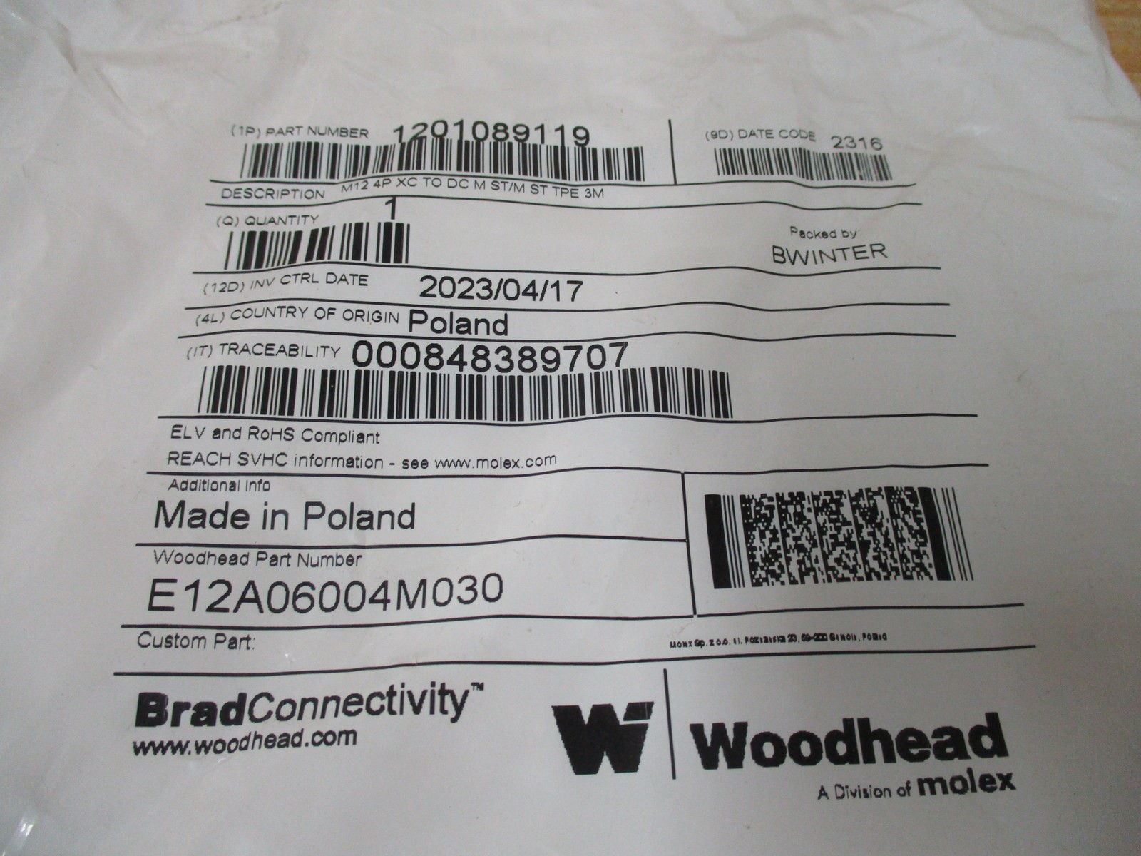 Woodhead E12A06004M030 Molex Cordset Brad Connectivity 1201089119