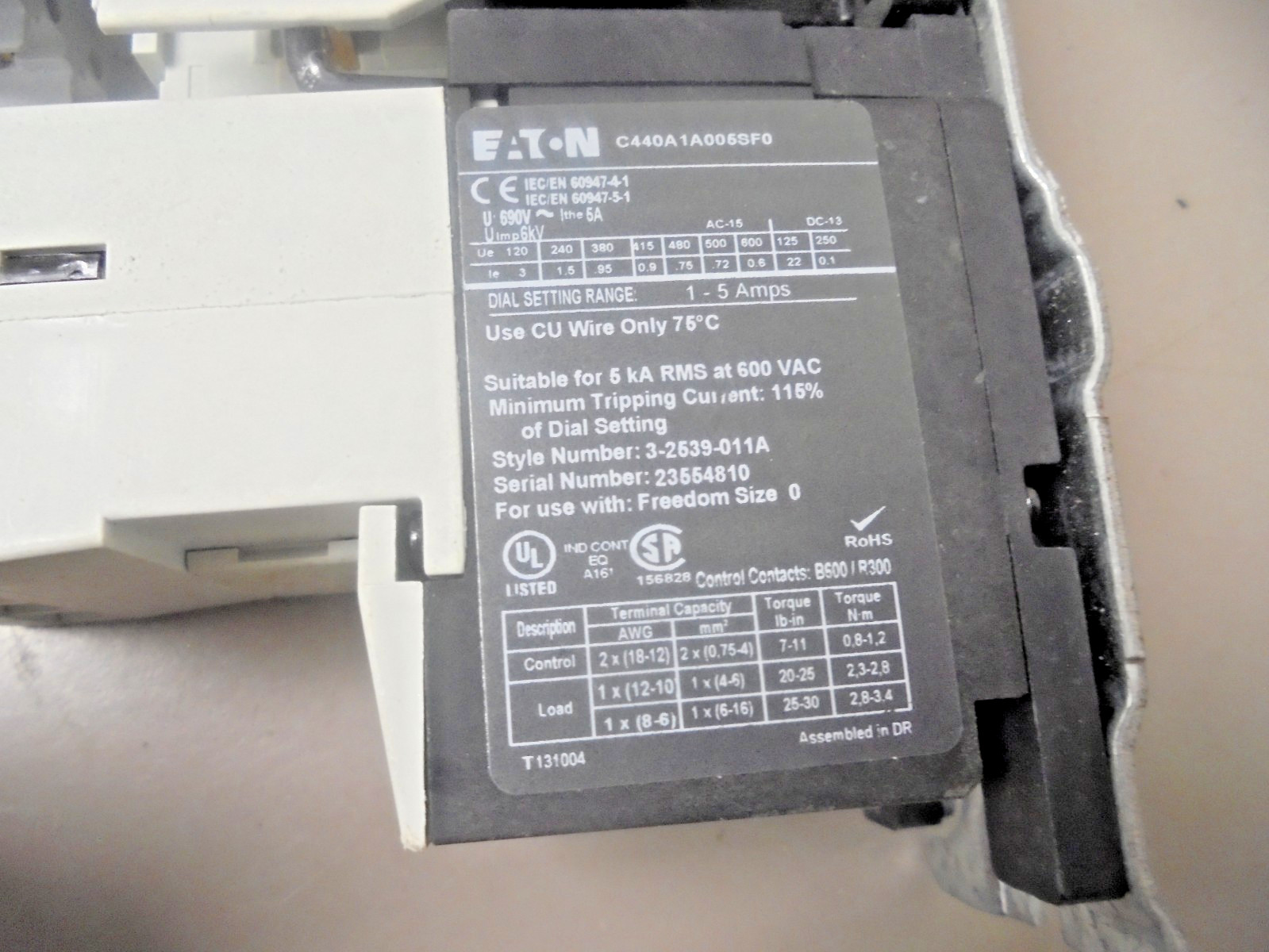 Eaton AN19BN0 Motor Control Starter / C440 Relay / C320KGTW Auxillary Contact