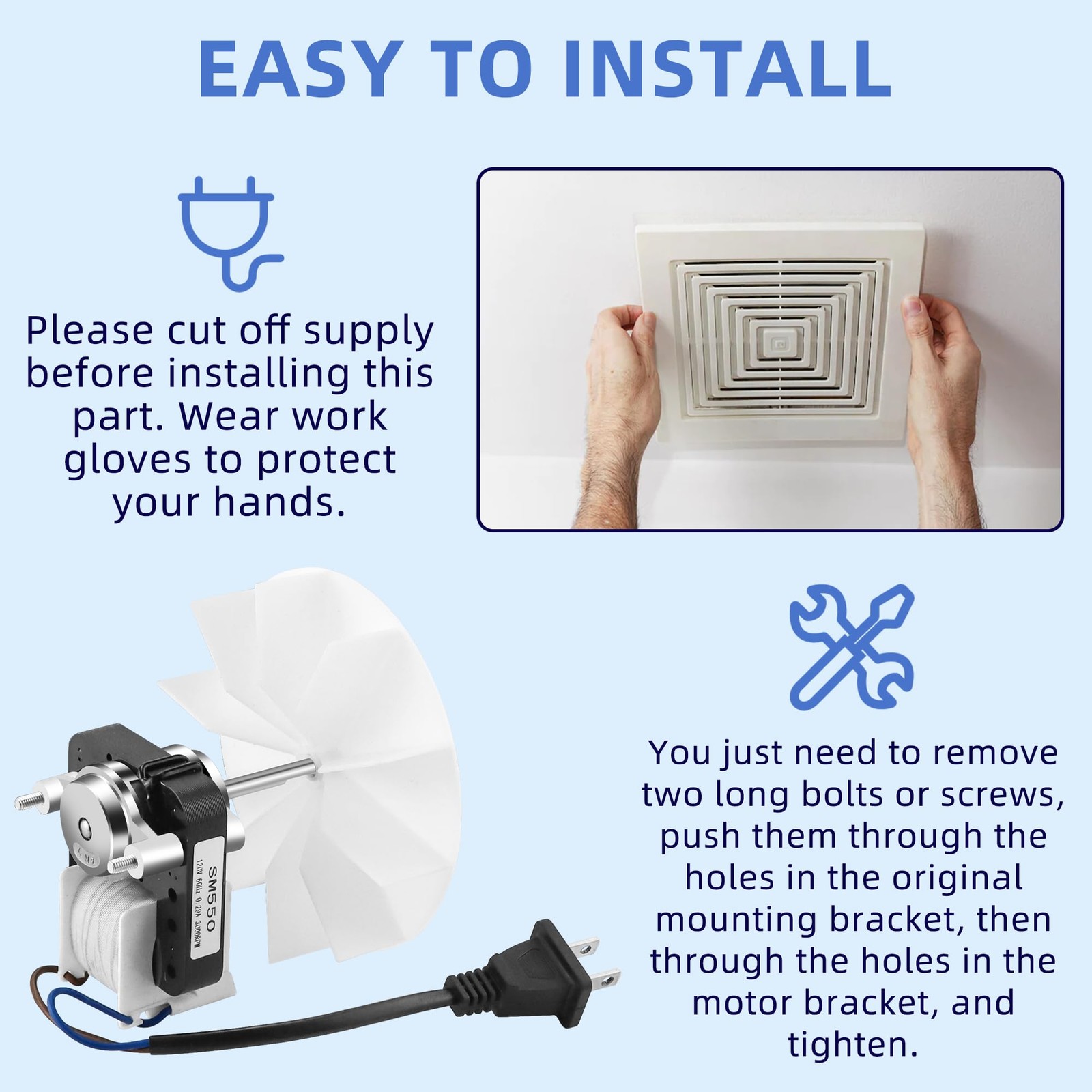 Bathroom Vent Fan Motor Replacement Kit 50 CFM 120V Electric Motor Parts For NuT