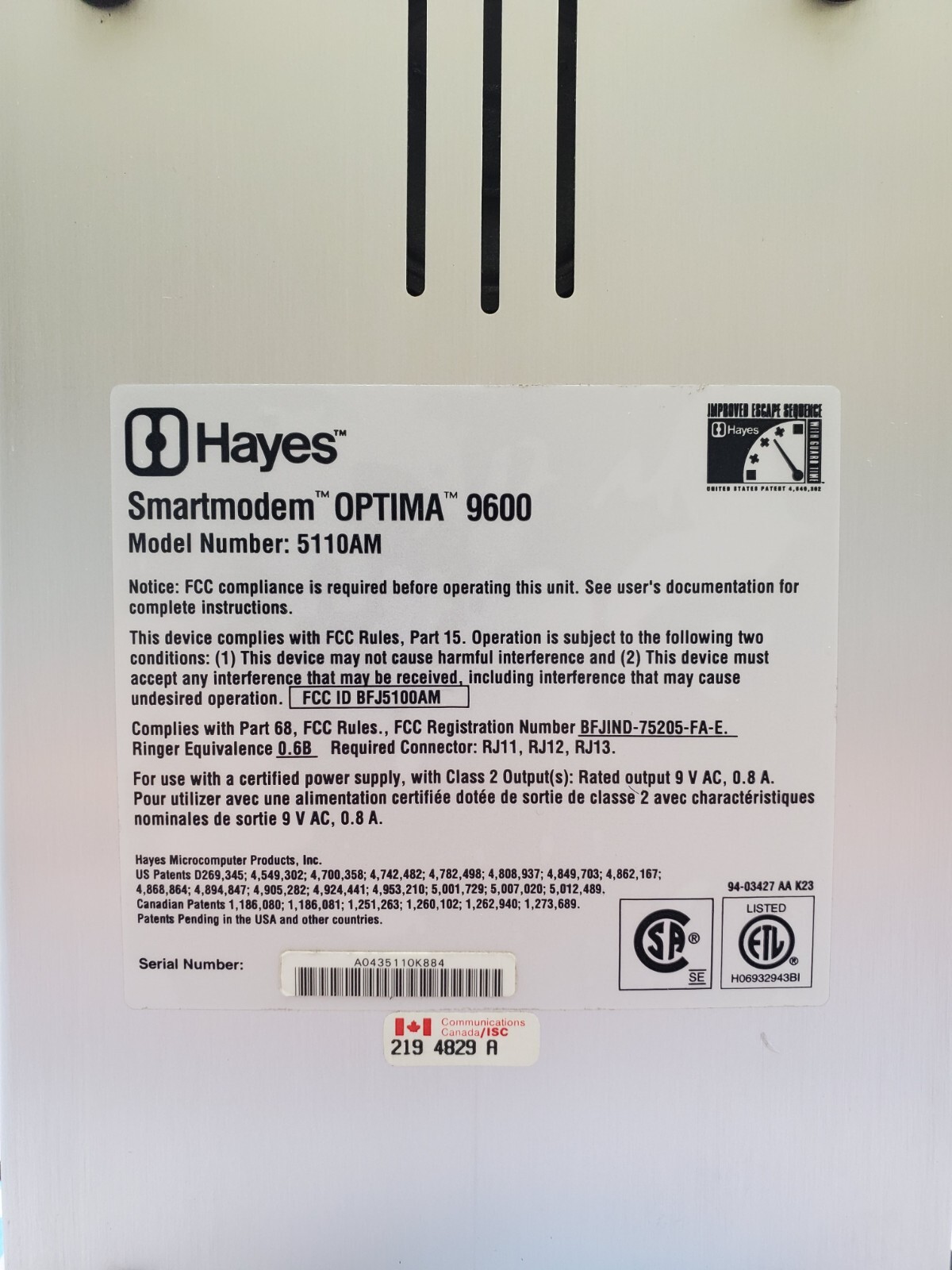 Hayes 5110AM Smartmodem Optima 9600