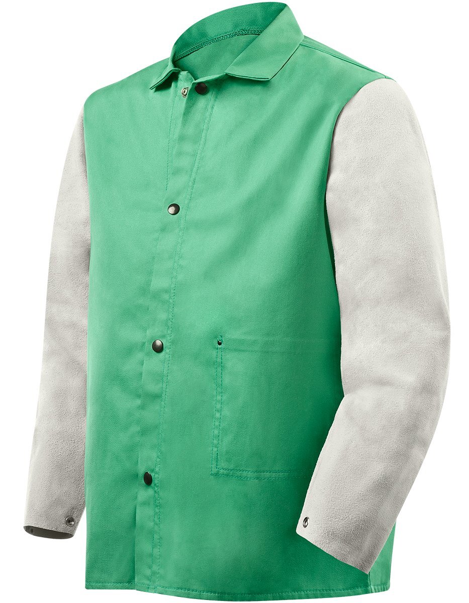Flame Resistant Jacket w/Leather Sleeves, Green/Gray, M