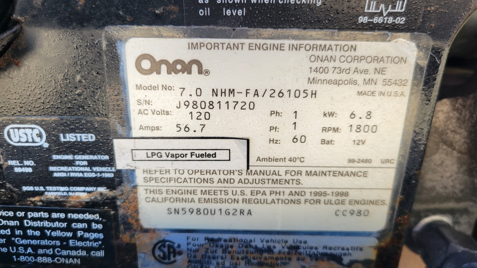 Cummins Onan Marquis 7000 Watt RV Mobilehome LP PROPANE Generator 120V Output
