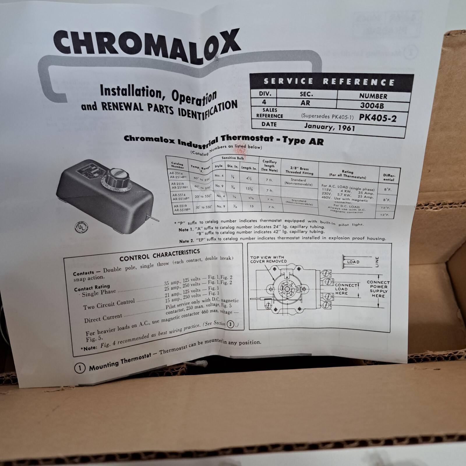 Chromalox Thermostat AR-5514 200 to 500 F 35AMP 125V / 25AMP250V AC 1/4 HP Motor