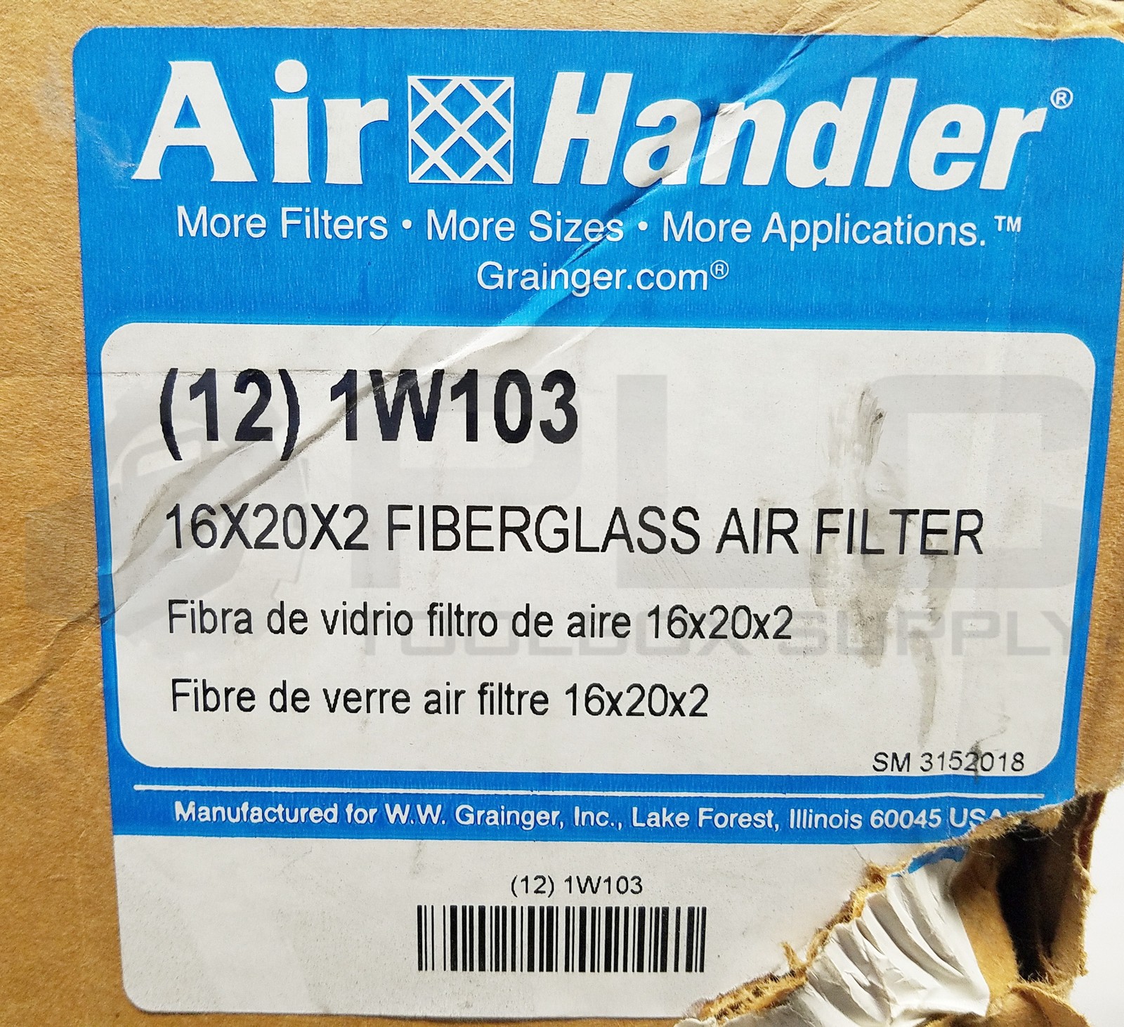 NEW BOX OF 12 AIR HANDLER 1W103 FIBERGLASS AIR FILTER 16x20x2