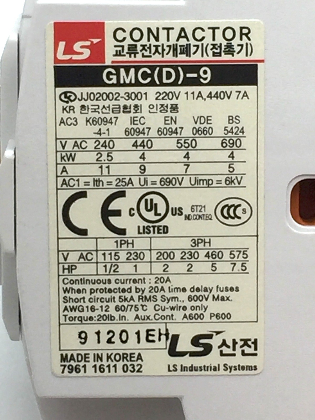 LS GMC-9 Contactor 3P 11A 240V AC Coil 50/60Hz GMC(D)-9 1a1b x 3 pcs