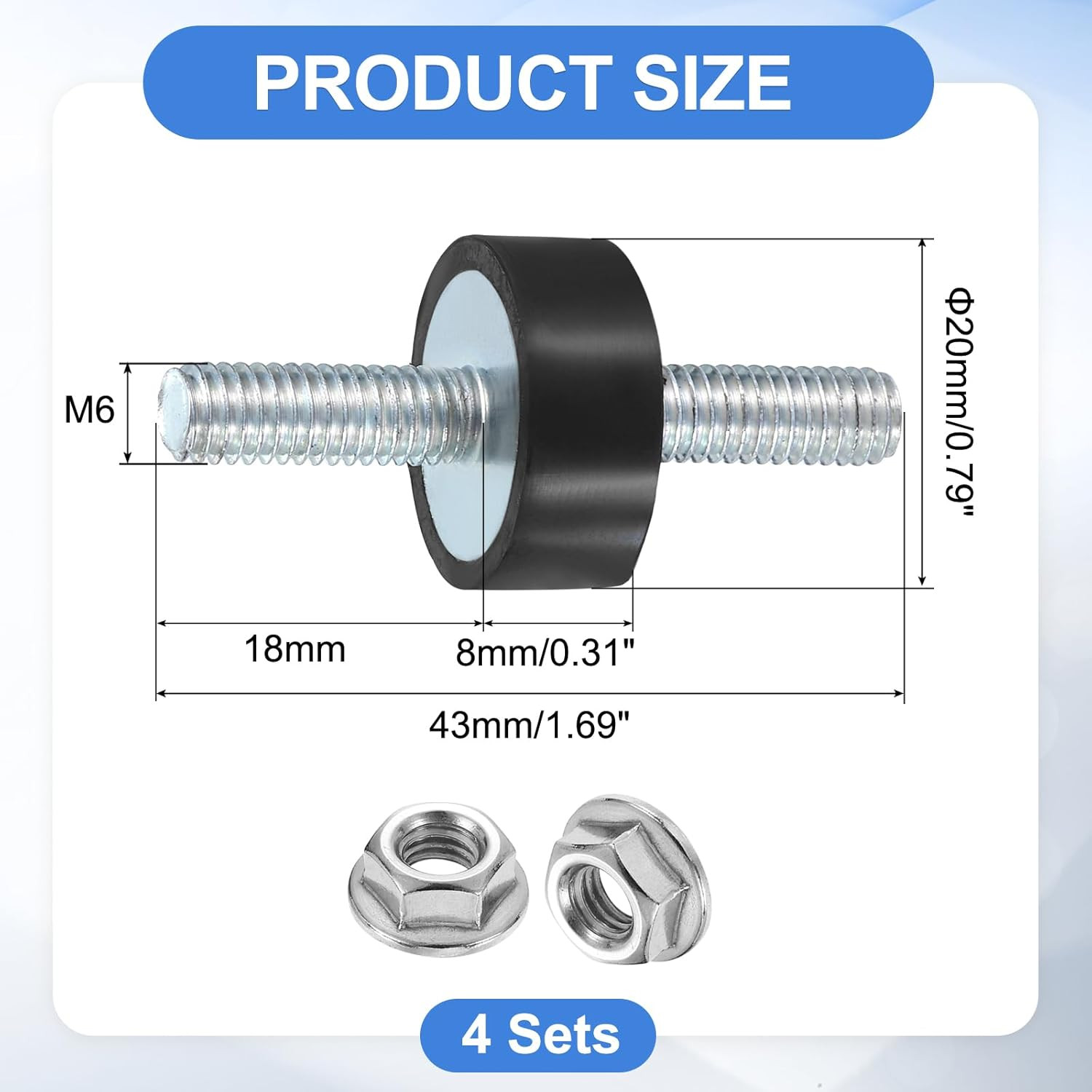 4Pcs M6 X 18Mm Rubber Mounts, 8 X 20Mm Cylindrical anti Vibration Isolator Studs