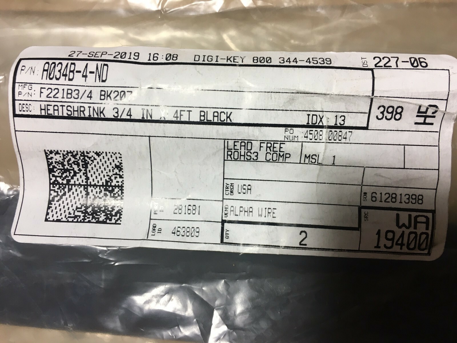 Alpha Wire F221B3/4 BK207 Qty of 2 per PK HEATSHRINK 3/4 IN X 4FT BLACK