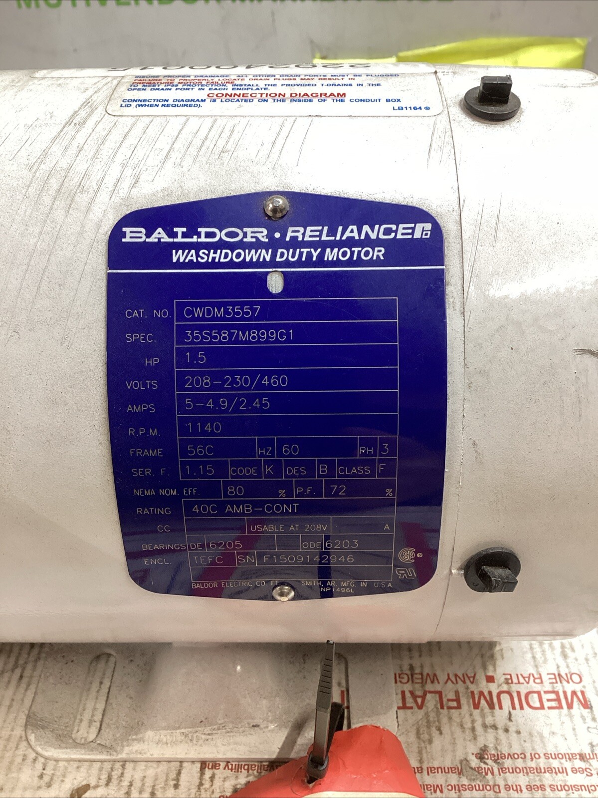 BALDOR RELIANCE CWDM3557 1.5HP WASHDOWN ELECTRIC MOTOR 1140RPM FRAME 56C ED4U