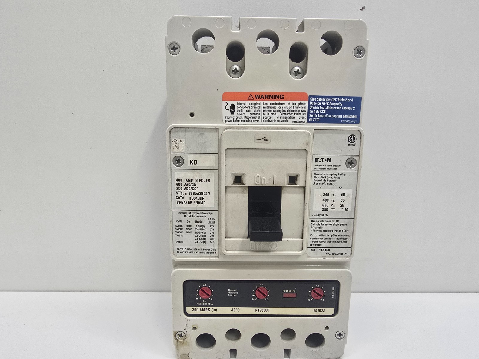 GOOD USED! EATON 3-POLE 400A FRAME CIRCUIT BREAKER W/ 300A KT3300T KD3400F