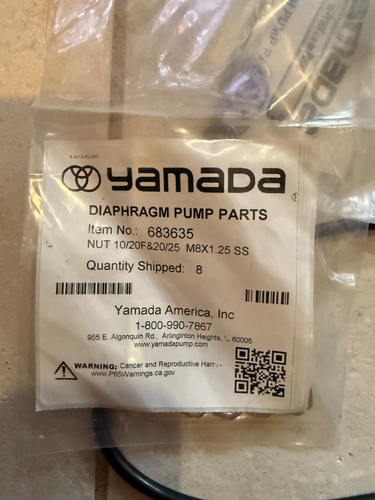 NEW OEM LOT of 8 Yamada Double Air Diaphragm Pump Nut M8 x 1.25 10/20 683635 yp