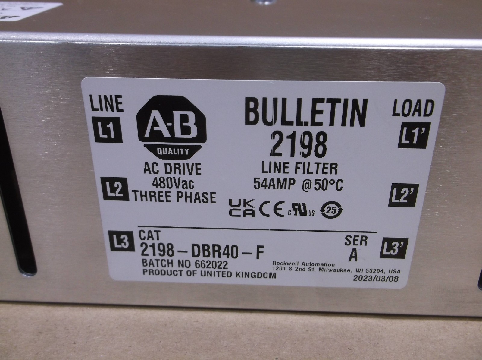 2198-DBR40-F A Allen Bradley NEW Kinetix 5700 EMC Line Filter 40A 50C