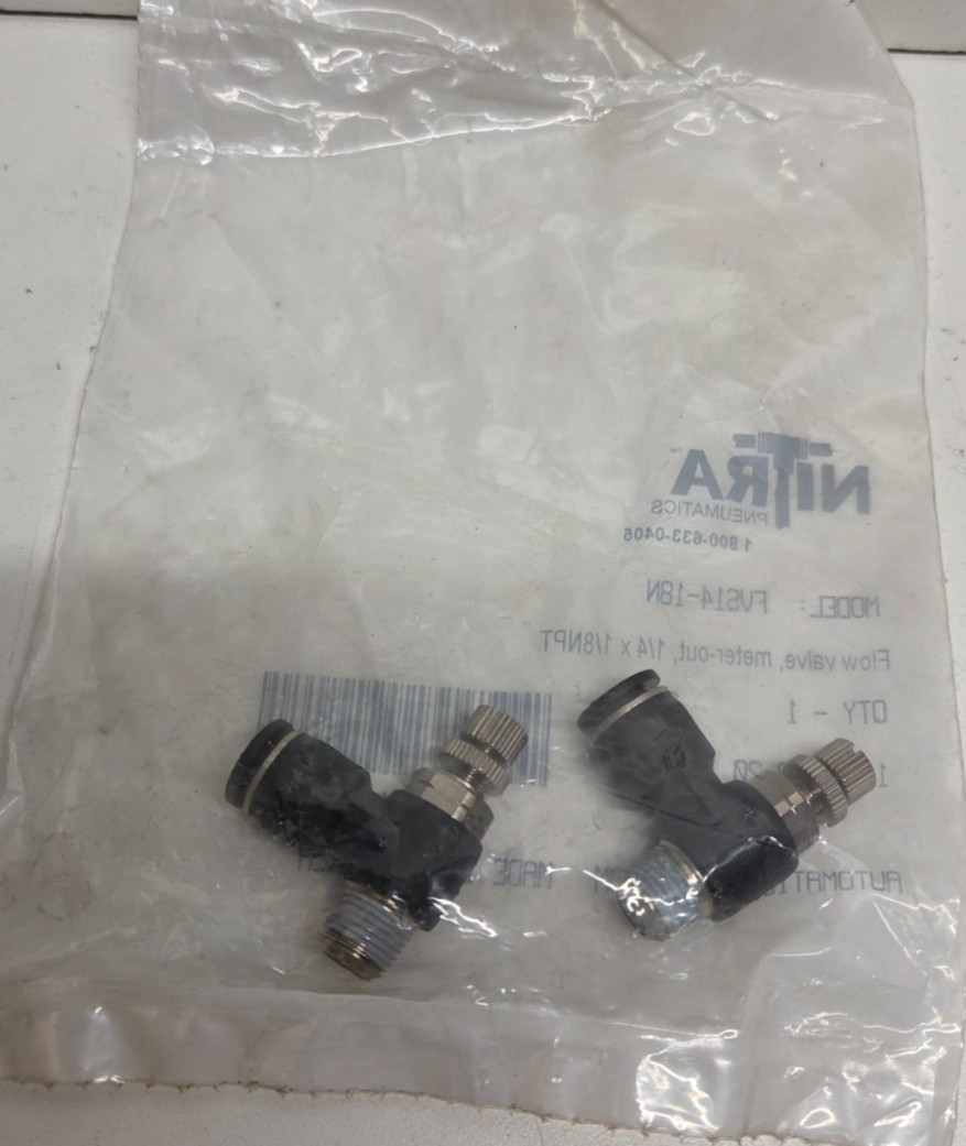 LOT OF 2 NEW IN BAG! NITRA 1/4″ TUBE X 1/8″ MNPT FLOW CONTROL ELBOWS FVS14-18N