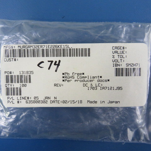 MURATA GRM32ER71E226KE15L Qty of 85 per Lot CAP 22UF 25V 10% X7R