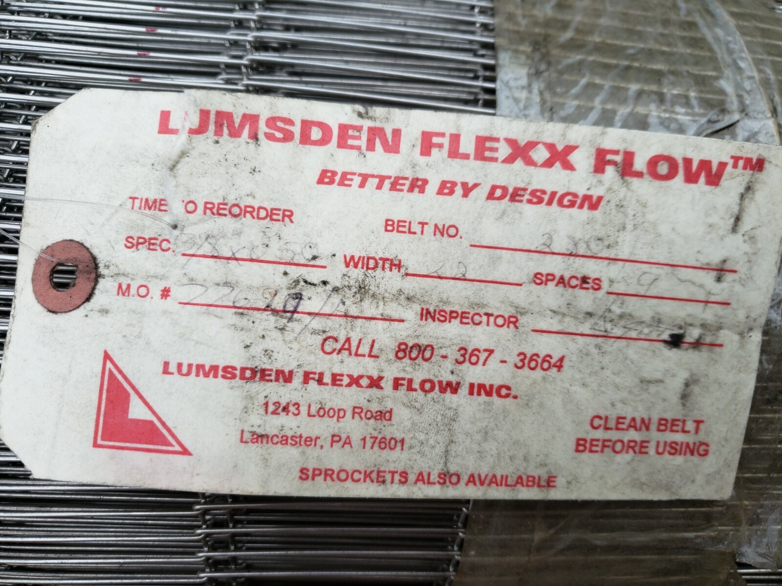Lumsden Flexx Flow SPACES 9 Conveyor Belt No 280 SIZE: 3/8” x .050 x 22” WIDTH