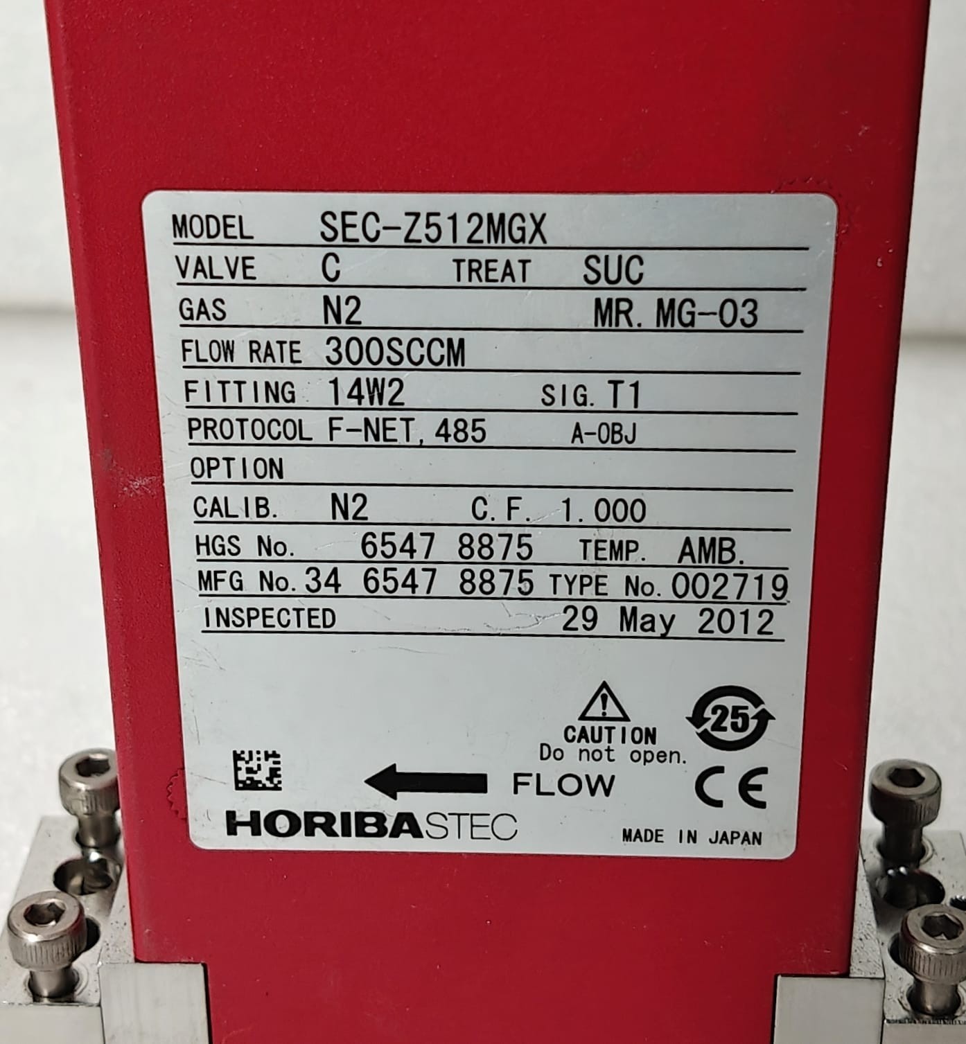 HORIBASTEC SEC-Z512MGX 300SCCM N2 VALVE C MR. MG -03 MASS FLOW CONTROLLER