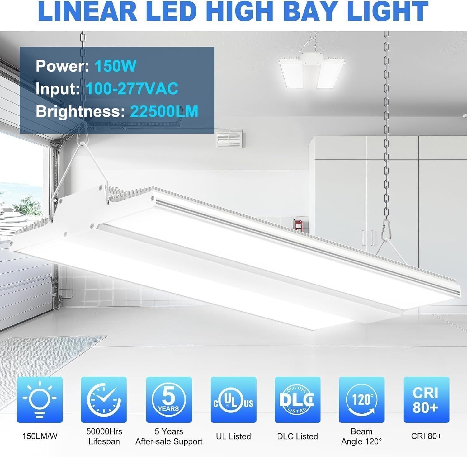 2 Pack 150W LED Linear High Bay Light Commercial Warehouse Shop Fixture 22,500lm