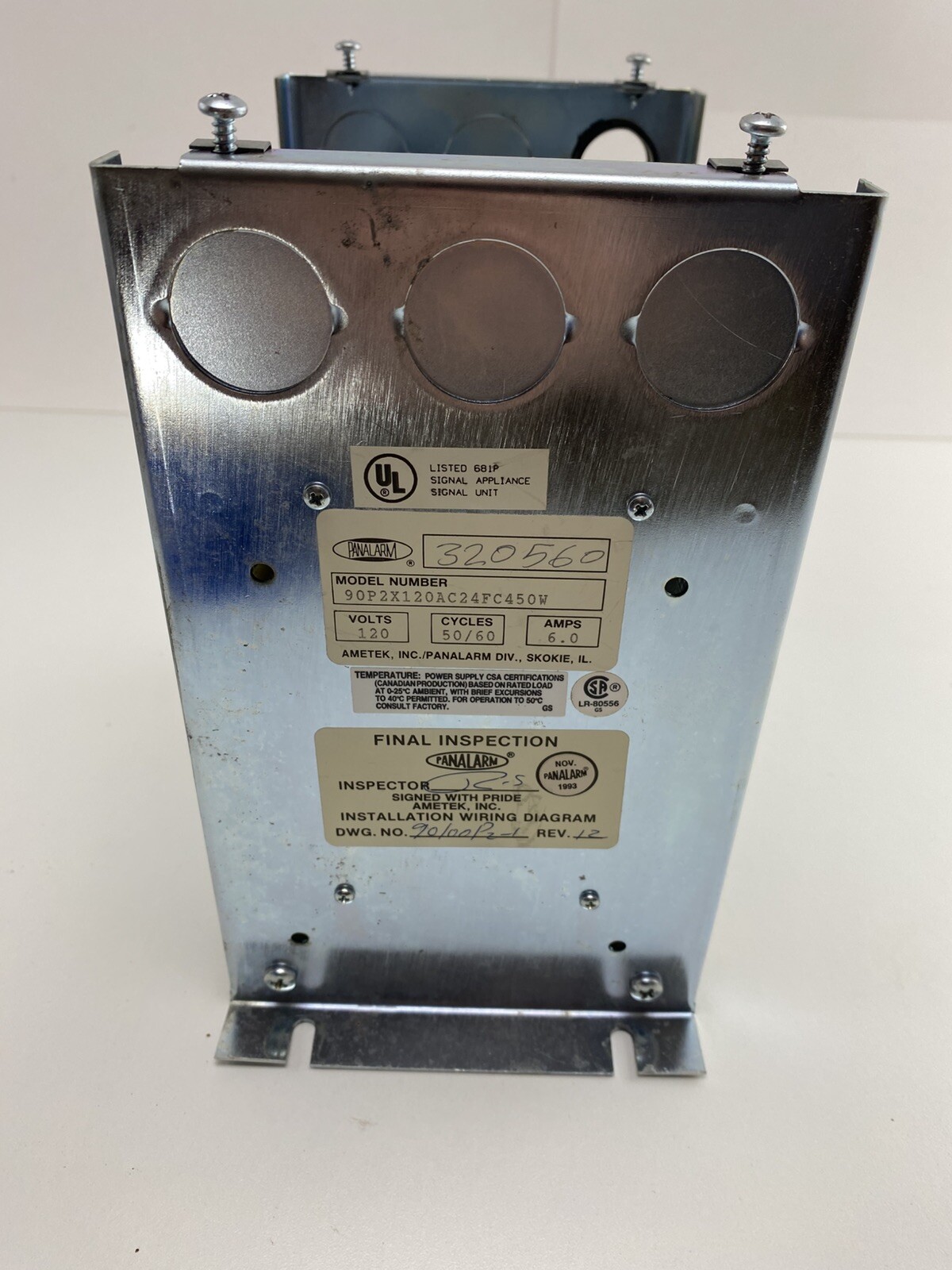 Panalarm Power Supply 120AC, 6AMps, 50/60 Cycles, 90P2X120AC24FC450W