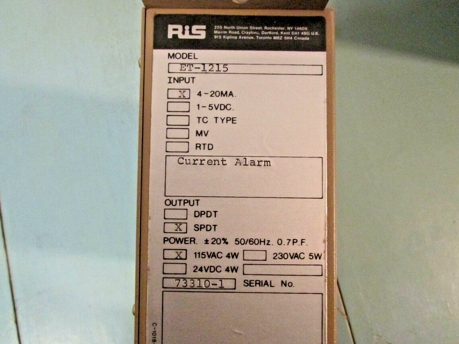 Rochester (RIS) ET-1215 Current Alarm