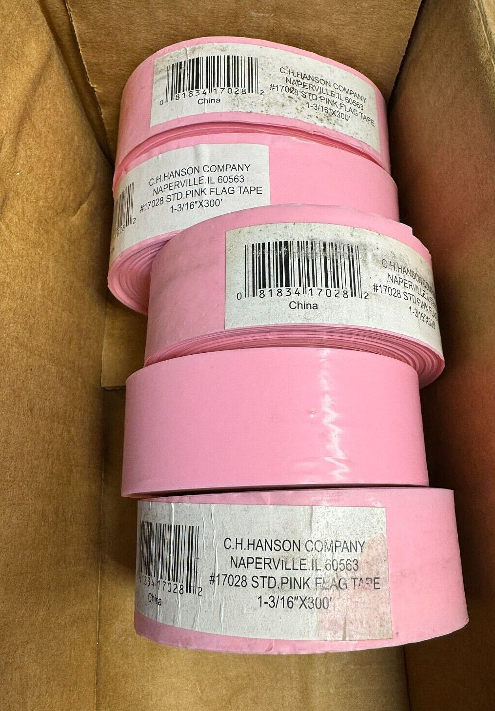 (Box of 5) C.H Hanson 17028 STD Pink Flagging Tape Ribbon, 1-3/16” x 300′